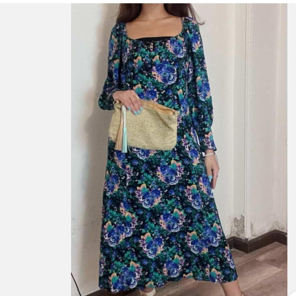 ZARA BLUE MULTICOLOR PRINTED FLORAL MIDI DRESS LONG SLEEVE SIZE S